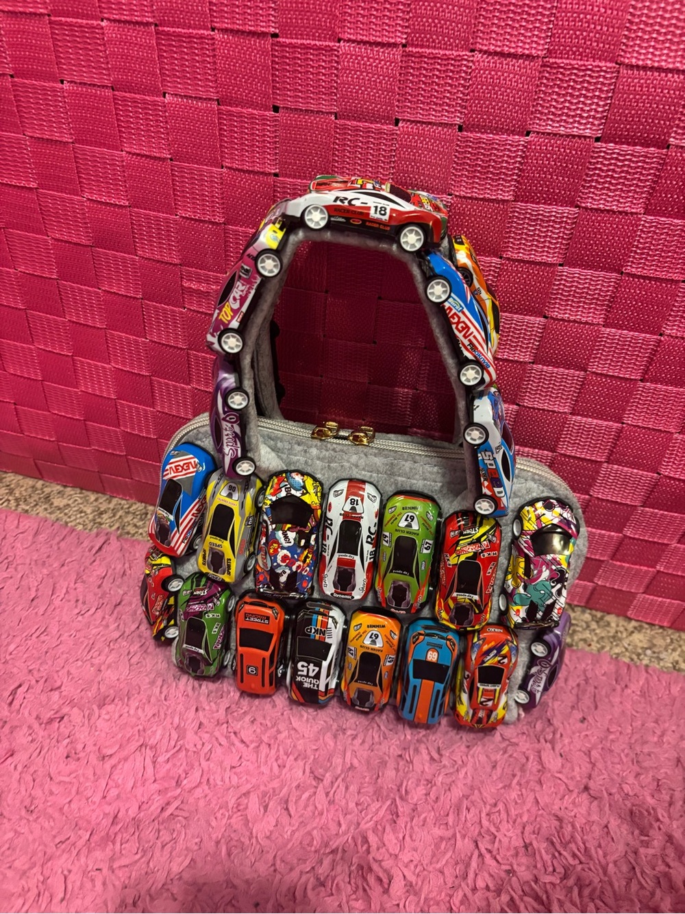 Grey Toy Car Accent Handbag in Multicolor